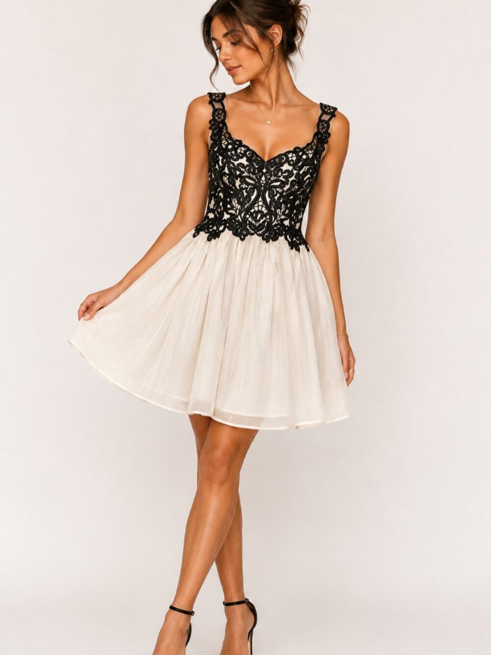 Marchesa Notte Gazaar Black Sequined Illusion Bodice Silk Cream Dress Womens 8